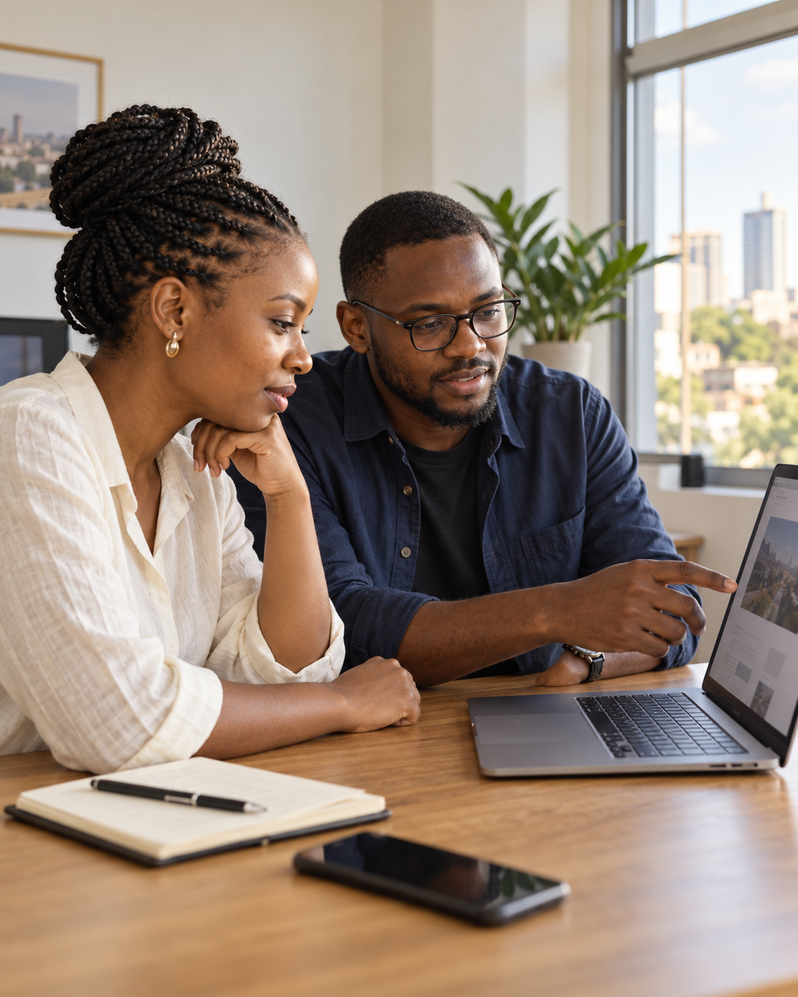 Illustrative scene of two professionals discussing a website together